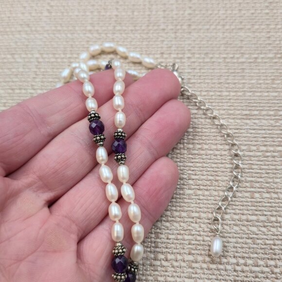 16.5 + 3 Inch Sterling Silver Pearls And Amethyst Stones Necklace B1006 - Picture 4 of 7